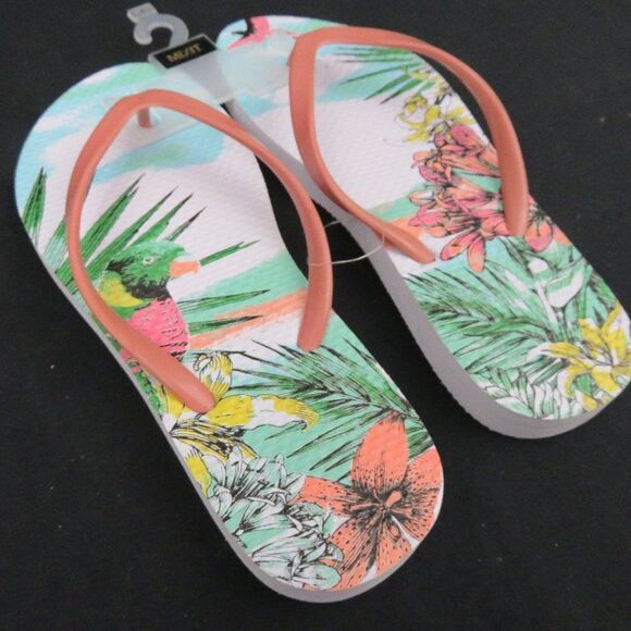 Parrot Tropical Flowers Pink Flip Flops Sandals - Picture 1 of 7